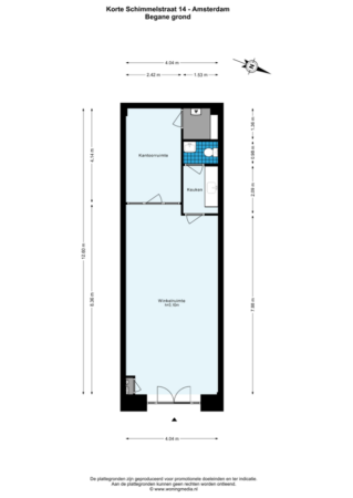 Plattegrond van de begane grond van Korte Schimmelstraat 14 in Amsterdam met winkelruimte, kantoorruimte, keuken en toilet.